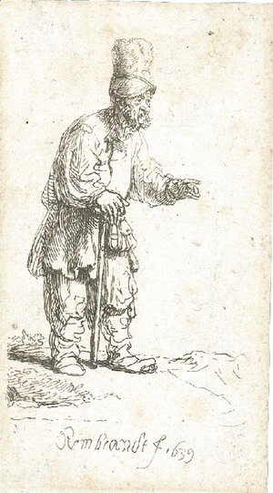 Rembrandt - A Peasant in a high Cap, standing leaning on a Stick