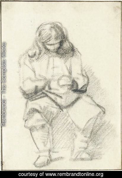 Rembrandt - A seated man with long hair, his hands folded