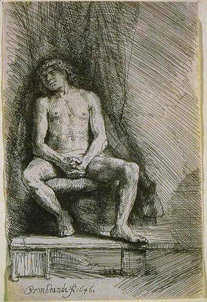Rembrandt - Study from the Nude Man Seated before a Curtain