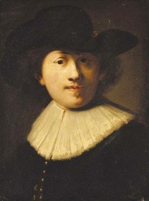 Portrait of the artist, bust length, in a black coat and hat