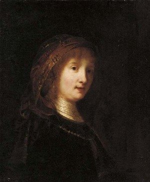 Portrait of a lady, bust-length, wearing a headdress