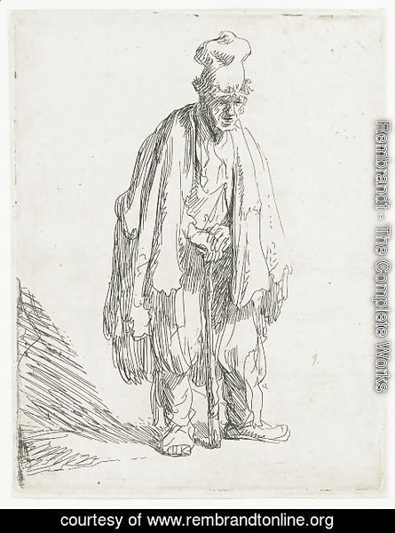 Rembrandt - A Beggar in a high Cap, standing and leaning on a Stick