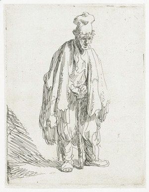 A Beggar in a high Cap, standing and leaning on a Stick