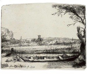 Rembrandt - A Canal with a large Boat and Bridge