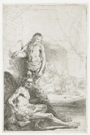 Rembrandt - A nude Man seated and another standing, with a Woman and a Baby lightly etched in the Background