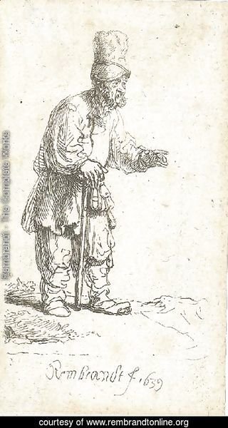 A Peasant in a high Cap, standing leaning on a Stick