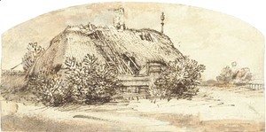 Rembrandt - A ruined thatched cottage overgrown with bushes