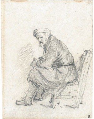 An old man wearing a turban seated in profile to the left