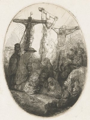 Rembrandt - Christ crucified between the two Thieves An oval Plate