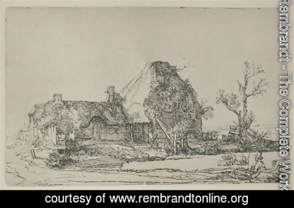 Rembrandt - Cottages and Farm Buildings with a Man sketching
