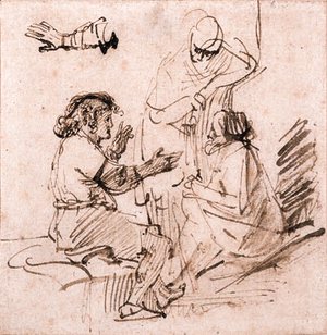 Rembrandt - Joseph in Prison interpreting the Dreams of the Pharaoh's Baker and Butler, and a subsidiary study of an arm gesturing