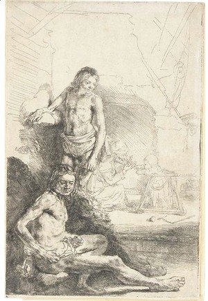 Nude Man seated and another standing, with a Woman and a Baby lightly etched in the Background