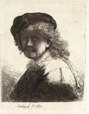 Rembrandt - Rembrandt in Cap and Scarf with the Face dark, Bust