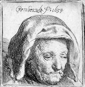 Rembrandt - The Artist's Mother in a Cloth Headdress, looking down Head only