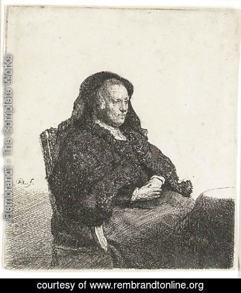 Rembrandt - The Artist's Mother seated at a Table looking right Three-quarter Length