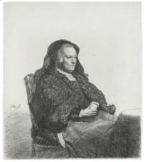 Rembrandt - The Artist's Mother Seated At A Table, Looking Right Three Quarter Length