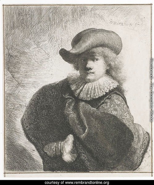 Self-portrait in a soft hat and embroidered cloak