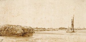 Rembrandt - A River with a Sailing Boat on Nieuwe Meer
