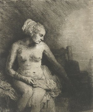 Rembrandt - A woman at the bath with a hat beside her
