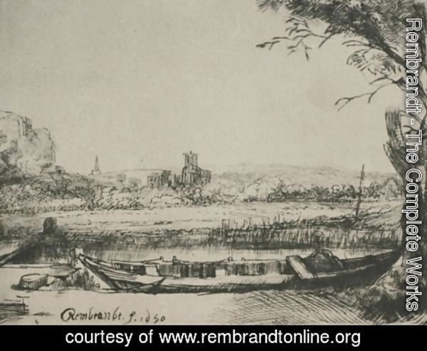 Rembrandt - Landscape with a Canal and Large Boat