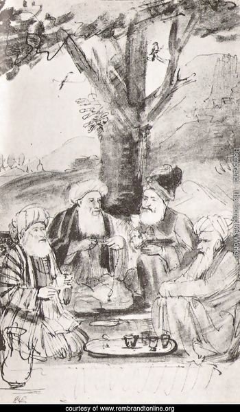Four Orientals seated under a tree. Ink on paper