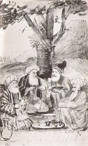 Four Orientals seated under a tree. Ink on paper