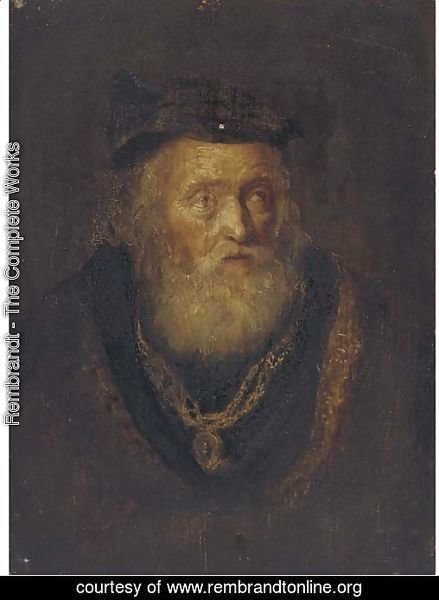 An elderly man, bust-length, in a cap