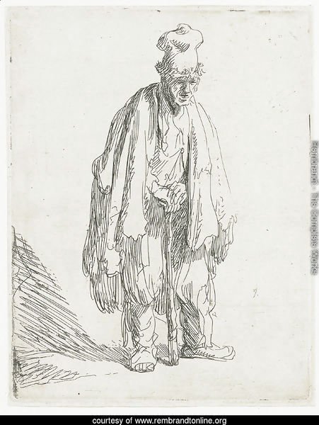 A Beggar in a high Cap, standing and leaning on a Stick