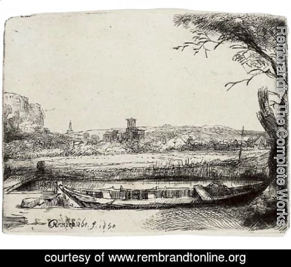 Rembrandt - A Canal with a large Boat and Bridge
