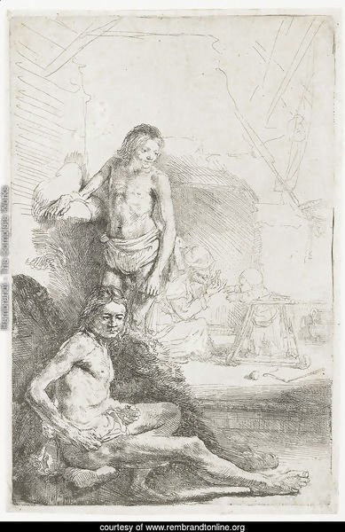A nude Man seated and another standing, with a Woman and a Baby lightly etched in the Background