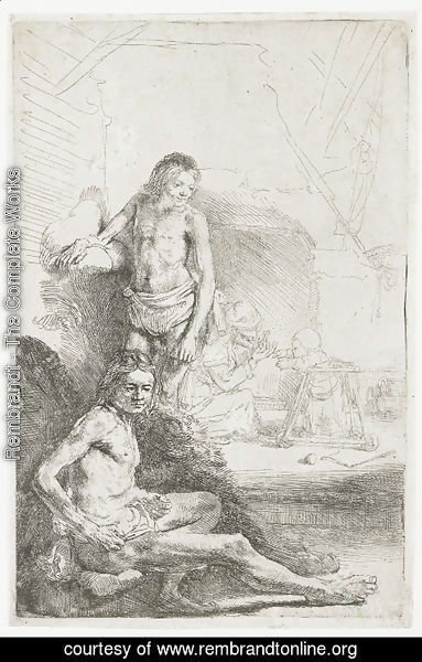Rembrandt - A nude Man seated and another standing, with a Woman and a Baby lightly etched in the Background