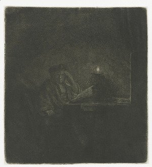 Rembrandt - A Student at a Table by Candlelight