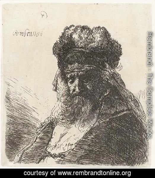 Rembrandt - An old bearded Man in a high Fur Cap, with Eyes closed