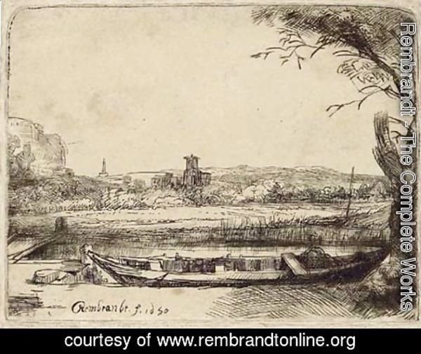 Rembrandt - Canal with a large Boat and Bridge