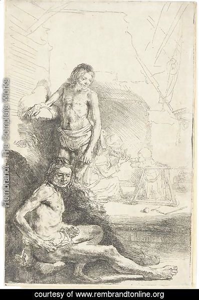 Nude Man seated and another standing, with a Woman and a Baby lightly etched in the Background
