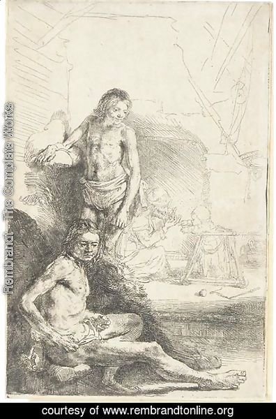 Rembrandt - Nude Man seated and another standing, with a Woman and a Baby lightly etched in the Background