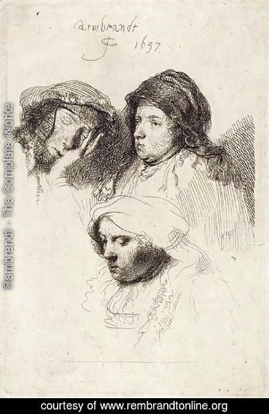 Rembrandt - Three Heads of Women one asleep