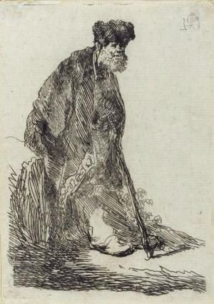 Man In A Cloak And Fur Cap Leaning Against A Bank
