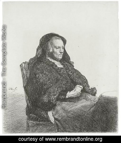 Rembrandt - The Artist's Mother Seated At A Table, Looking Right Three Quarter Length