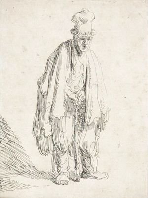 Rembrandt - Beggar In A High Cap, Standing And Leaning On A Stick