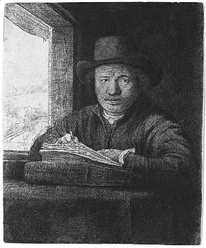 Rembrandt - Self portrait drawing at a window 2