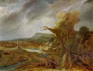 Rembrandt - Landscape with Obelisk (possibly the flight into Egypt)
