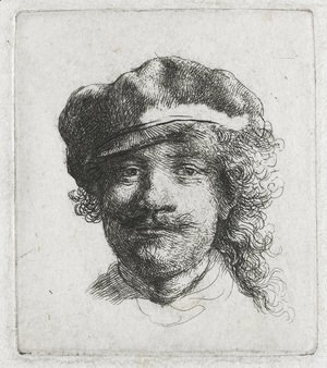 Self-portrait wearing a soft cap full face, head only