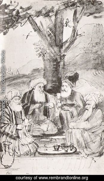 Rembrandt - Four Orientals seated under a tree. Ink on paper
