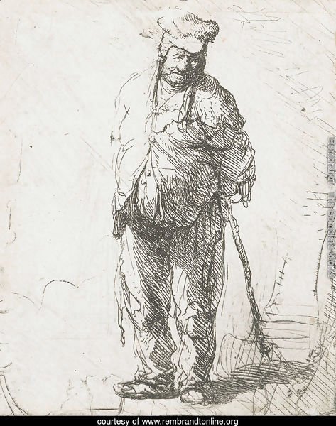 Ragged peasant with his hands behind him, holding a stick