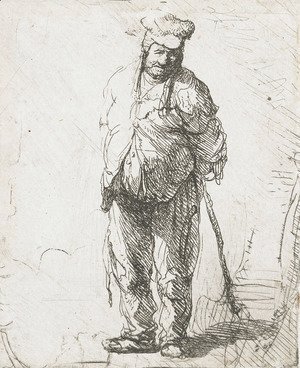 Ragged peasant with his hands behind him, holding a stick